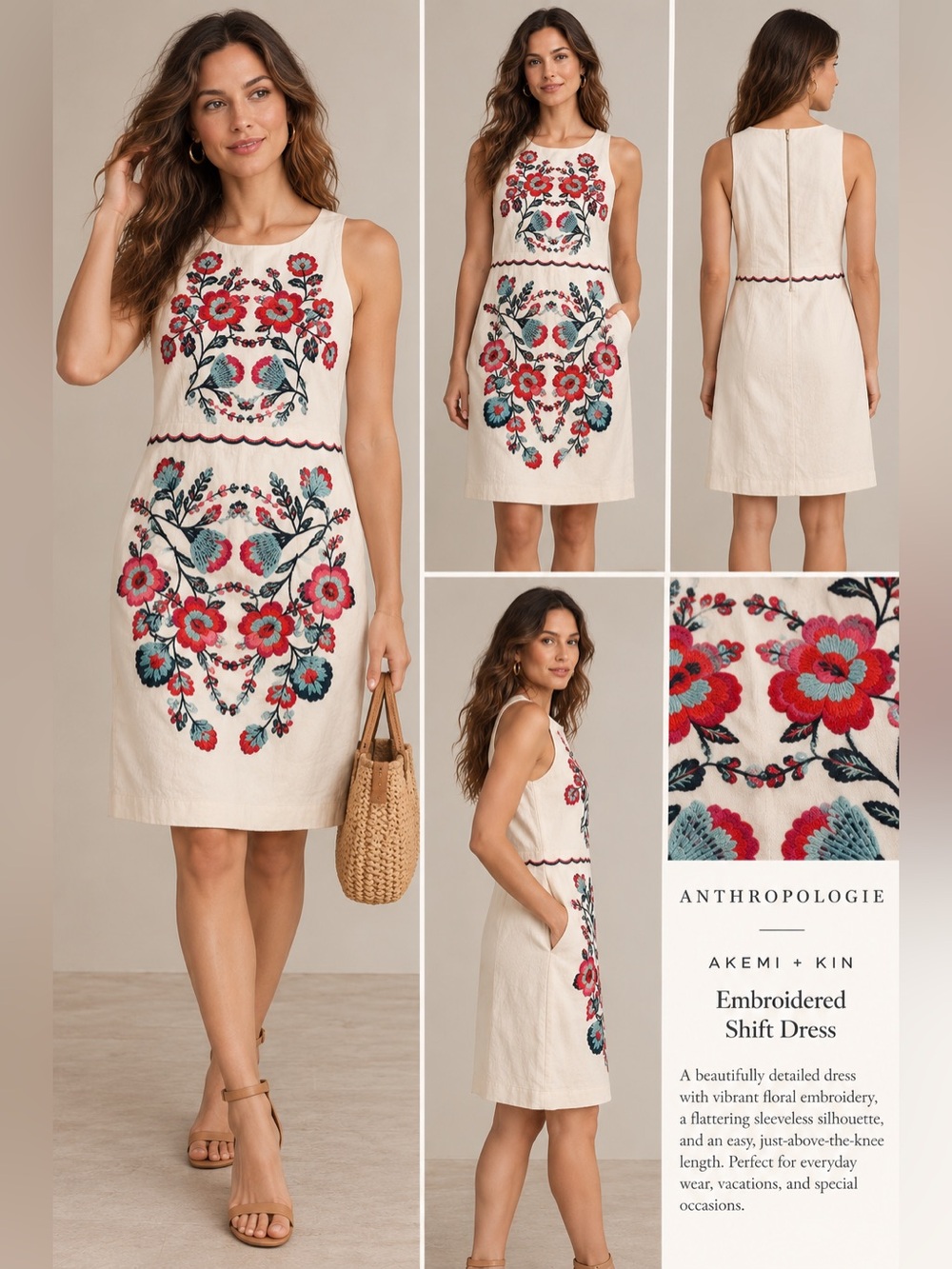 Anthropology Akemi & Kin Embroidered Floral Dress Size 16 White Ivory Small Flaw